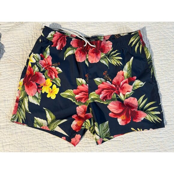 Abercrombie Fitch Mens Swimsuit Medium Navy Pink Floral Hawaiian Board Shorts - Picture 1 of 12